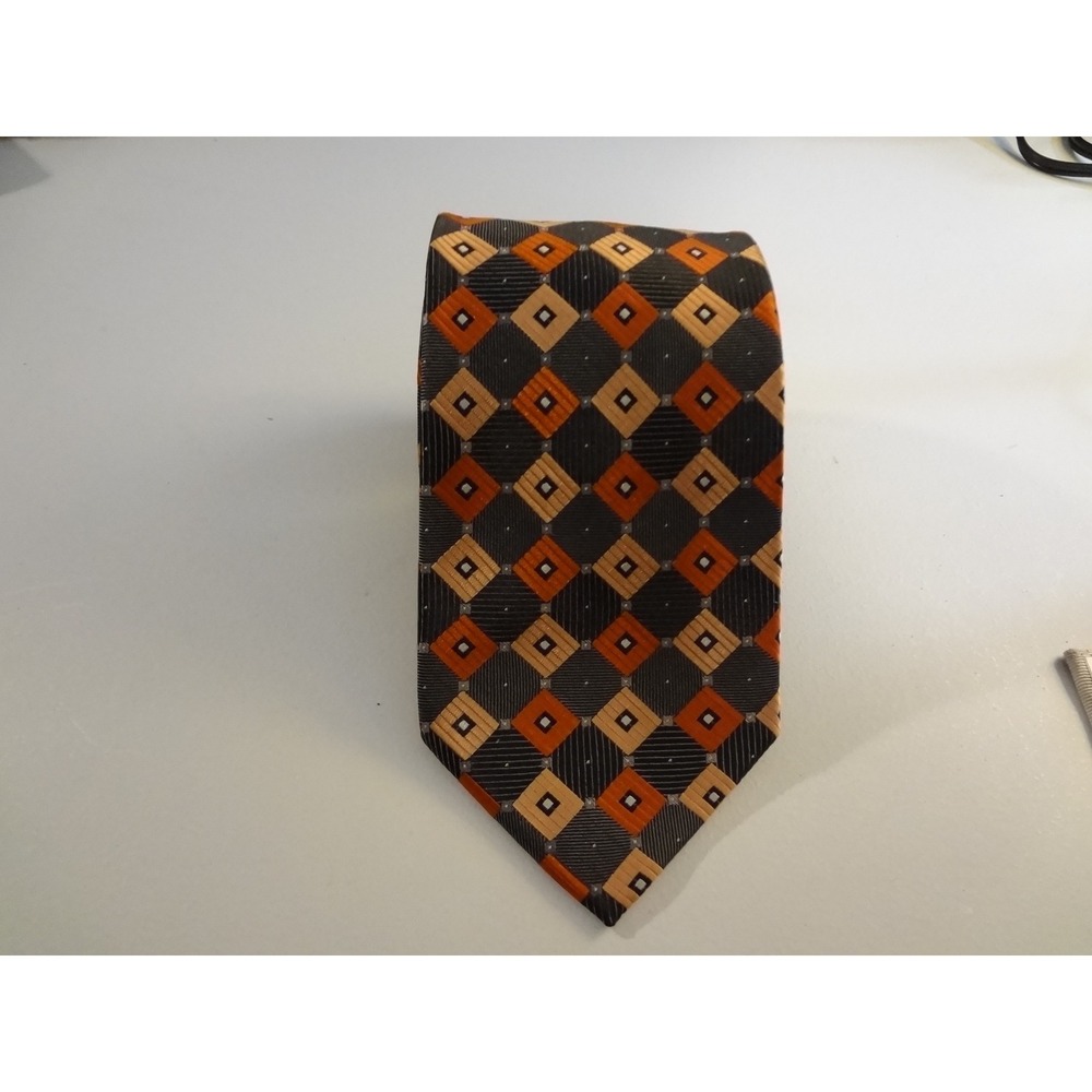 Bill Robinson Necktie, Brown,‎ Orange, Black Diamond Pattern, Geometric Tie